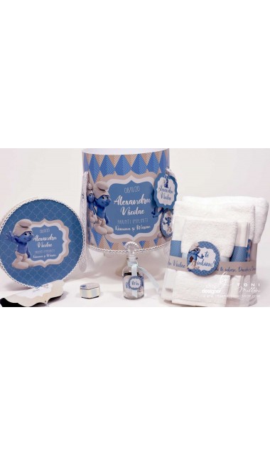 Trusou botez cu strumfii si broderie personalizata in nuante de crem si albastru Bebe Strumf 9